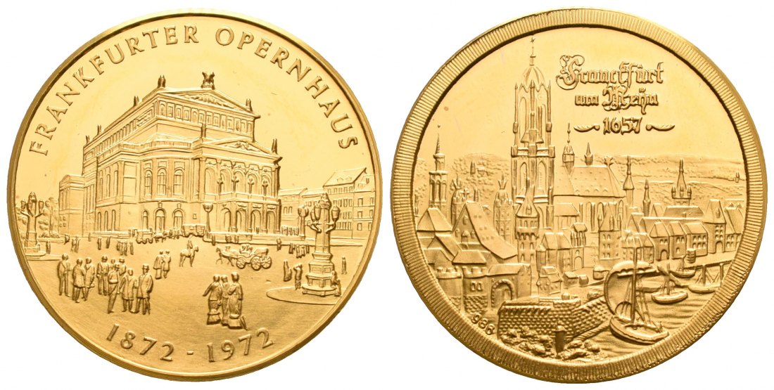 PEUS 5657 BRD, Frankfurt 26 mm / 9,86 g Feingold. Alte Oper 1872 / Stadtansicht 1657 Goldmedaille 1972 Polierte Platte
