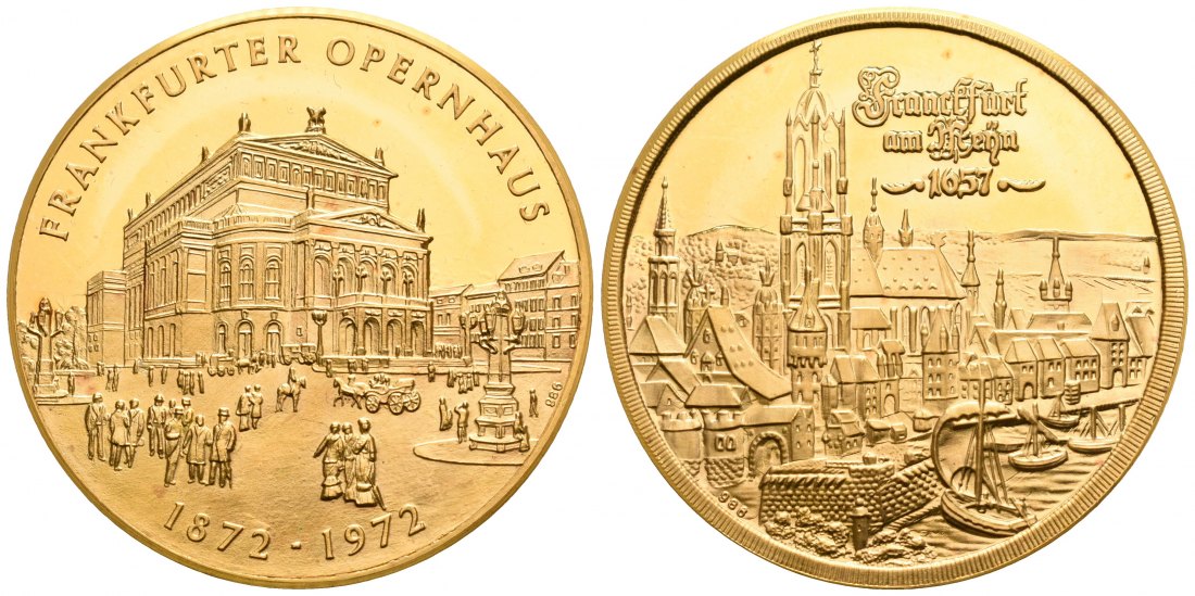 PEUS 5658 BRD, Frankfurt 40 mm / 29,58 g Feingold. Alte Oper 1872 / Stadtansicht 1657 Goldmedaille 1972 Polierte Platte