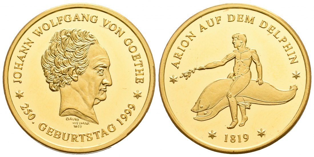PEUS 5659 BRD, Frankfurt / Weimar 26 mm 12,3 g Feingold. 250. Geburtstag Goethe / Arion auf Delfin Goldmedaille 1999 Proof