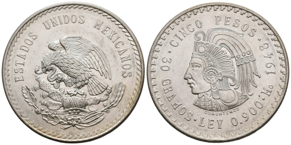 PEUS 5669 Mexiko 27 g Feinsilber. Cuauhtémoc letzter aztekische Herrscher von Tenochtitlán 5 Pesos SILBER 1948 Kl. Kratzer, fast Stempelglanz