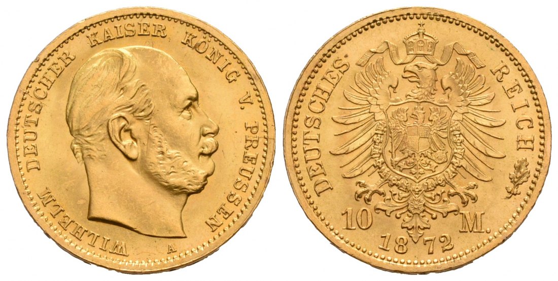 PEUS 5684 Kaiserreich - Preußen 3,58 g Feingold. Wilhelm I. (1861 - 1888) 10 Mark GOLD 1872 A Kl. Kratzer + Randfehler, VZ / Stgl.