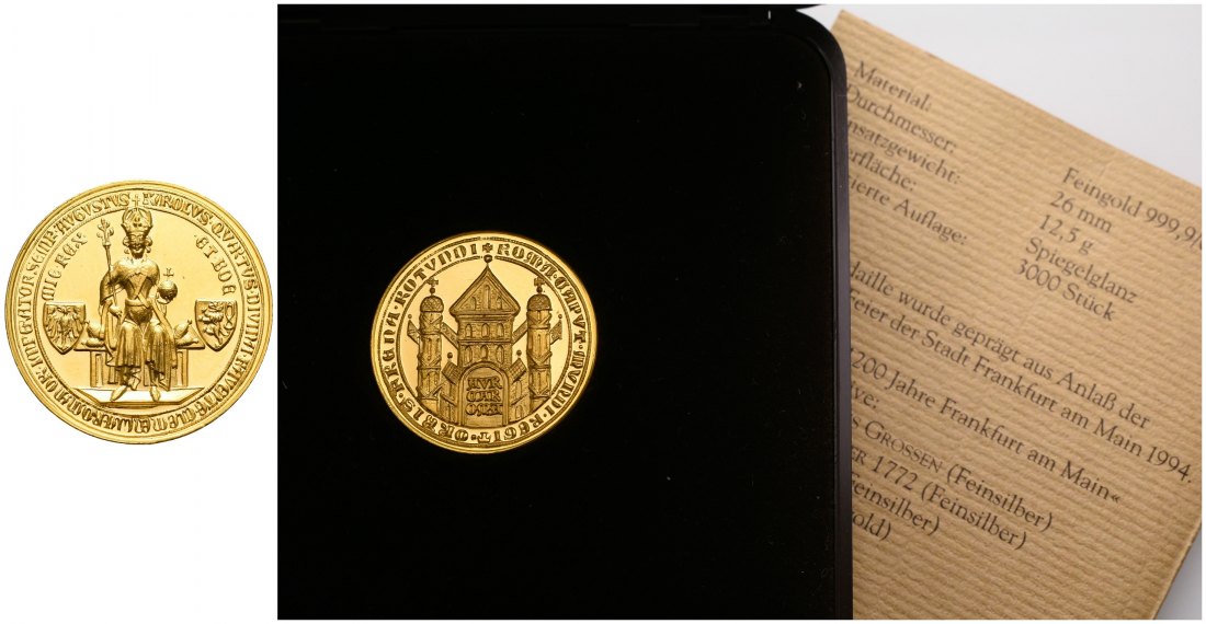 PEUS 5660 BRD, Frankfurt 26 mm / 12,5 g Feingold. Goldene Bulle incl. Etui & Zertifikat Goldmedaille o.J. (1994) Spiegelglanz