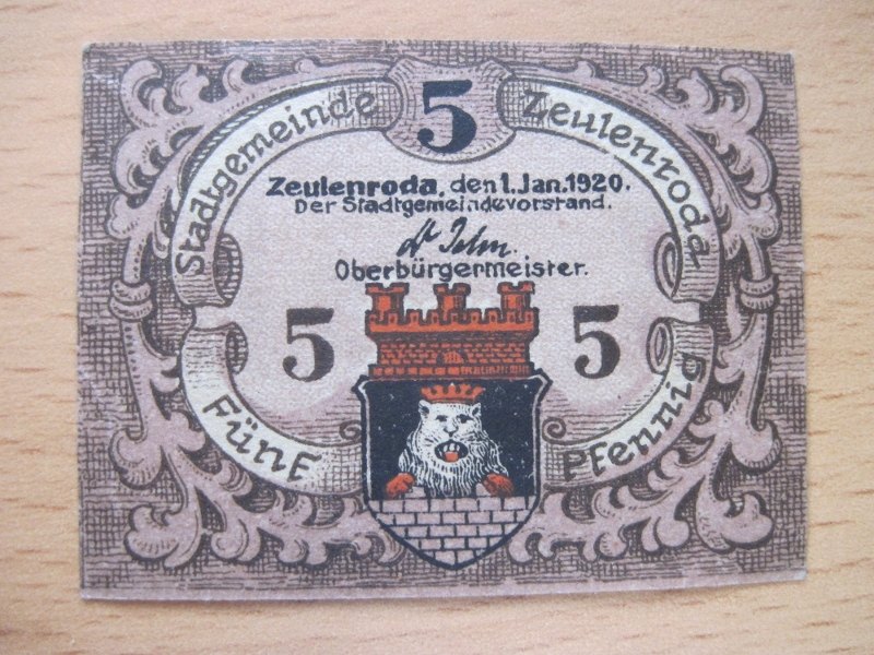  Notgeld Geldschein Inflationsgeld 5 Pfennige Stadtgemeinde Zeulenroda 1920   