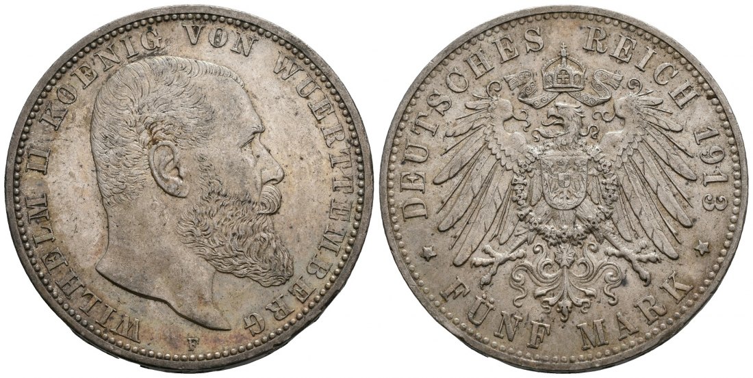 PEUS 5689 Kaiserreich - Württemberg Wilhelm II. (1891 - 1918) 5 Mark 1913 F Kl. Kratzer, Sehr schön +