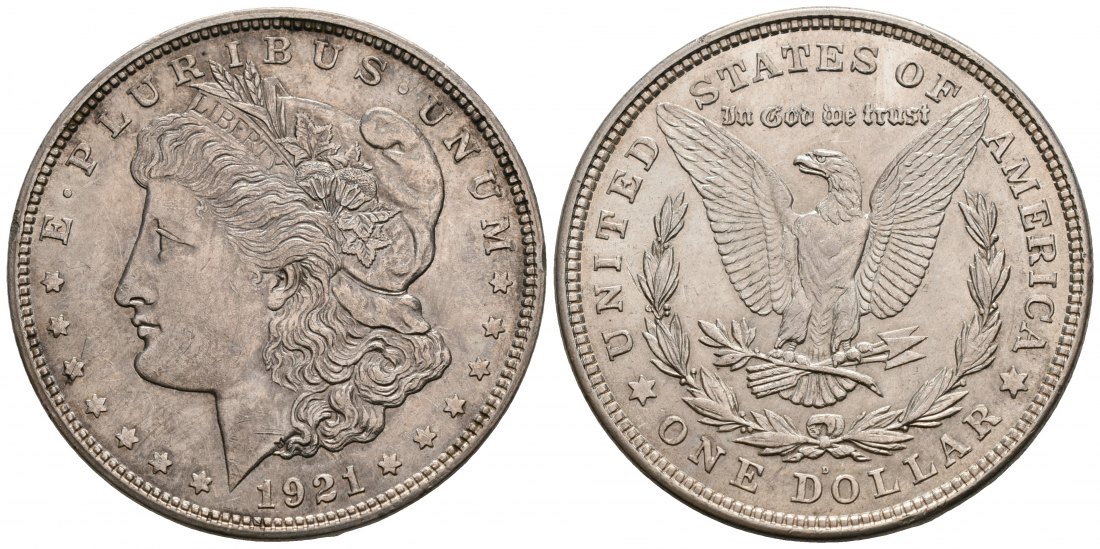 PEUS 5693 USA 24,06 g Feinsilber. Morgan Dollar SILBER 1921 D Sehr schön +