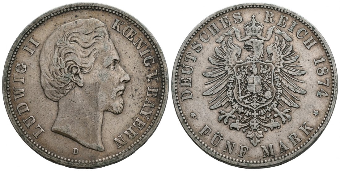 PEUS 5699 Bayern Ludwig II. (1864 -1886) 5 Mark 1874 D München Sehr schön