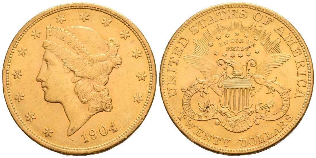 PEUS 5705 USA 30,1 g Feingold. Coronet Head 20 Dollars GOLD 1904 Kl. Kratzer, fast Vorzüglich