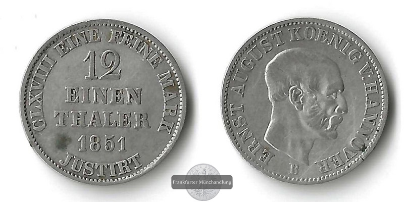  Hannover  1/12 Vereinsthaler   1851 B Ernst August I.    FM-Frankfurt   Feinsilber: 1,39g   