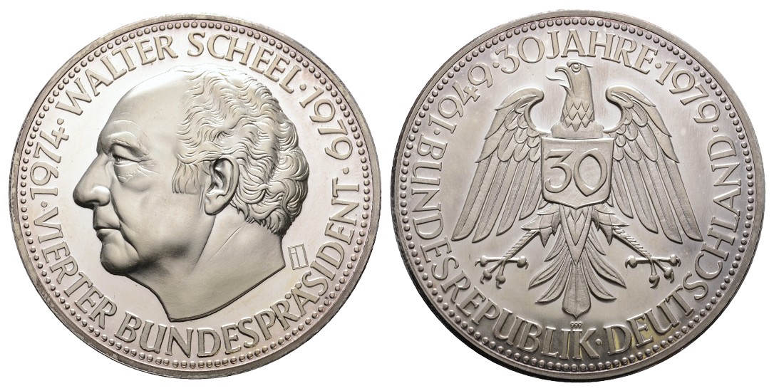  Linnartz BRD Walter Scheel Silbermedaille 1979, 48,26g/fein, 40,2mm, PP   