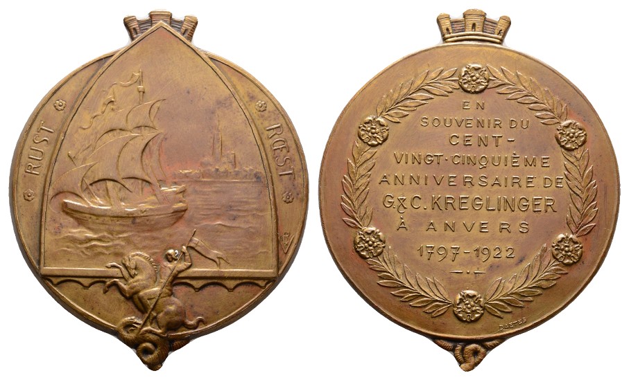  Linnartz Schifffahrt, Bronzemed 1922,125 Jahrfeier G + C. Kreglinger-Antwerpen, 51mm, 63,82g, vz+   