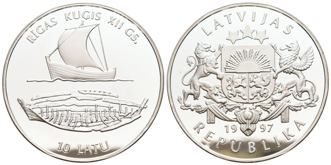 PEUS 5720 Lettland 28,97 g Silber. 12. Jahrhundert Schiff über den versunkenen Überreste 10 Latu SILBER 1997 Proof (Kapsel)