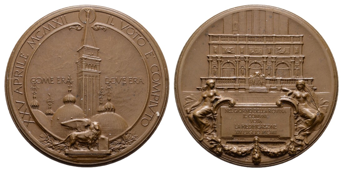  Linnartz ITALIEN, VENEDIG, Bronzemed. 1912,(Moretti), Wiederaufbau Campanile, 42mm,30,18g, f.stgl   