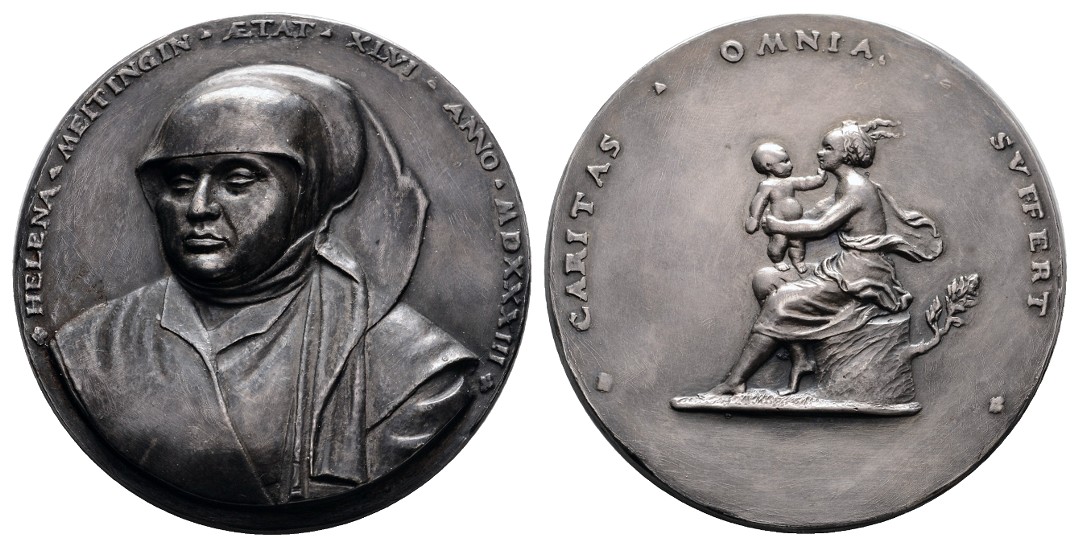  Linnartz Augsburg Versilbertes Galvano der Medaille 1532 der Helena Meitingin (1485-1546) 61,6mm, vz   