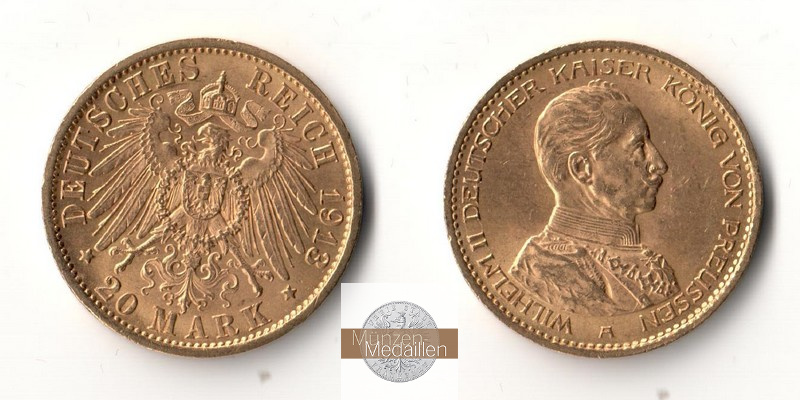 Preussen Kaiserreich  20 Mark MM-Frankfurt Feingold: 7,17g Wilhelm II. 1888-1918 1913 A 