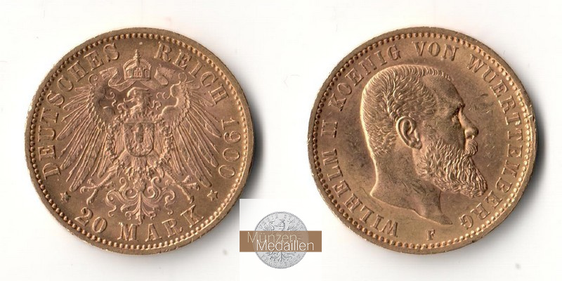 Württemberg, Kaiserreich  20 Mark MM-Frankfurt Feingold: 7,17g Wilhelm II. 1891 - 1918 1900 F 