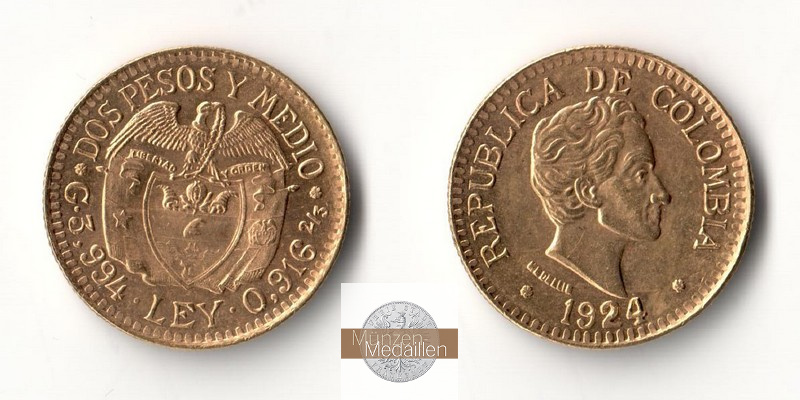 Kolumbien MM-Frankfurt  Feingold: 3,66g 2 1/2 Pesos 1924 
