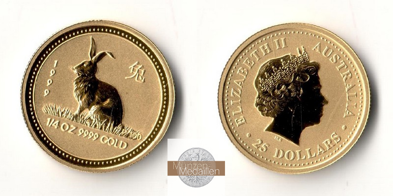 Australien 25 Dollar MM-Frankfurt Feingold: 7,78 g Jahr des Hasens Lunar I 1999 