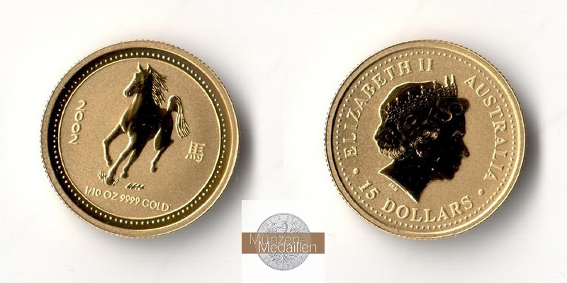 Australien  15 Dollar MM-Frankfurt Feingold: 3,11g Jahr des Pferds 2002 