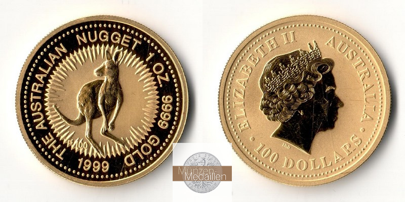Australien  100 Dollar MM-Frankfurt Feingold: 31,1g Kangaroo 1999 