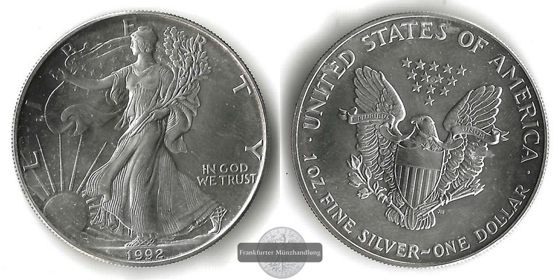  USA,  1 Dollar  1992  American Silver Eagle   FM-Frankfurt     Feinsilber: 31,10g   