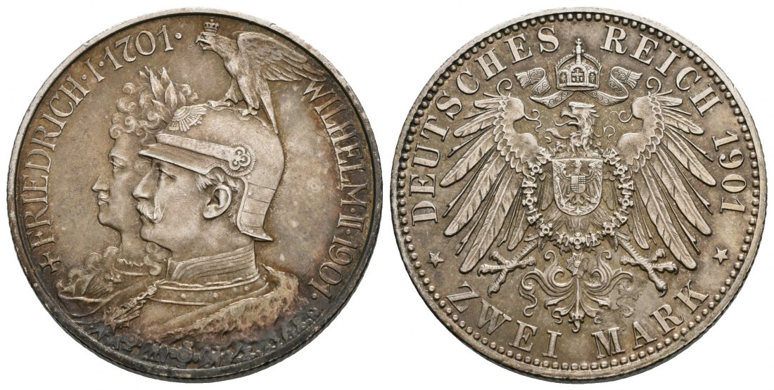 PEUS 5753  Kaiserreich - Preußen 200jähriges Jubiläum. Friedrich I. + Wilhelm II. 2 Mark 1901 A Patina, Vorzüglich