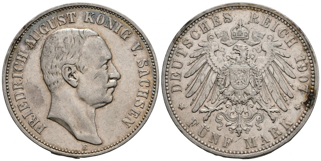 PEUS 5762 Kaiserreich - Sachsen Friedrich August III. (1904 - 1918) 5 Mark 1907 E Sehr schön +