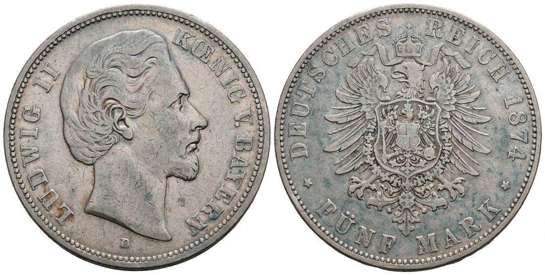 PEUS 5763 Bayern Ludwig II. (1864 -1886) 5 Mark 1874 D München Sehr schön