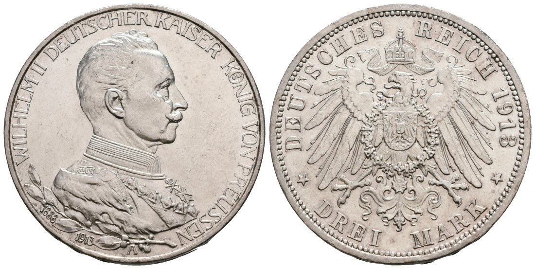 PEUS 5765 Preußen - Kaiserreich 25jähriges Regierungsjubiläum Wilhelm II. in Uniform 3 Mark 1913 A Kl. Kratzer, Vorzüglich
