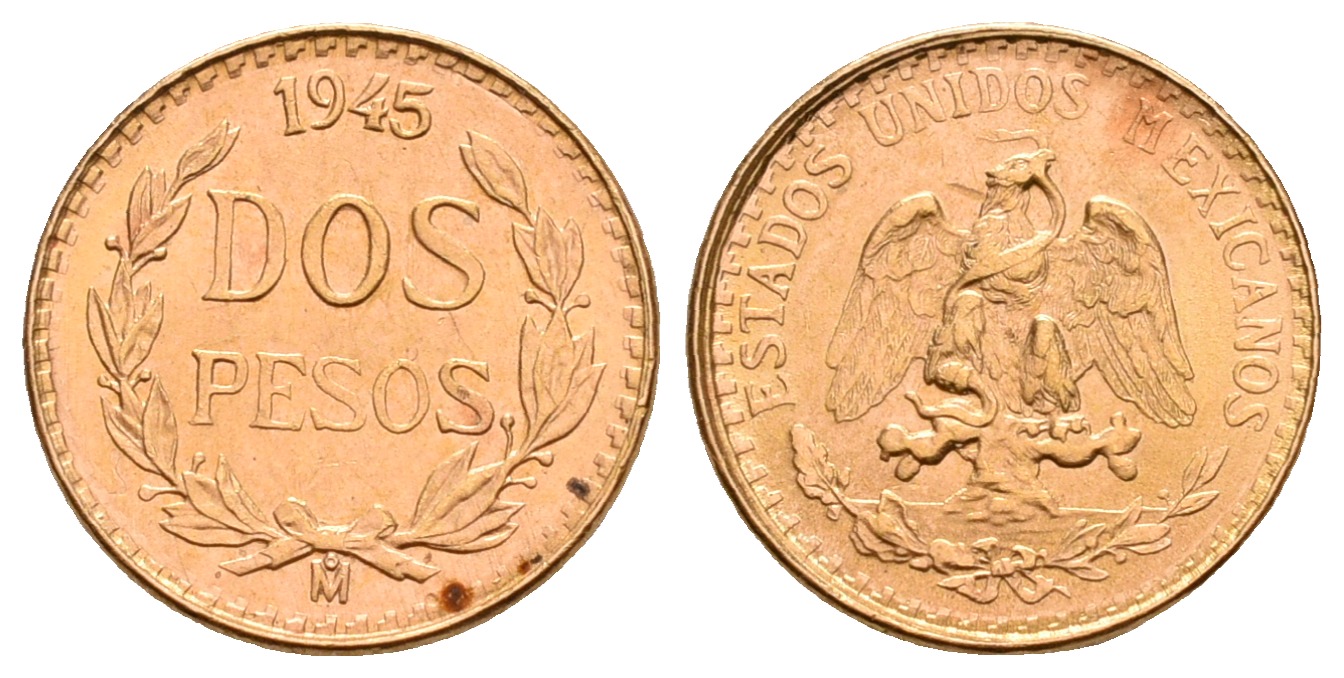 PEUS 5771 Mexiko 1,5 g Feingold 2 Pesos GOLD 1945 M Fast Stempelglanz