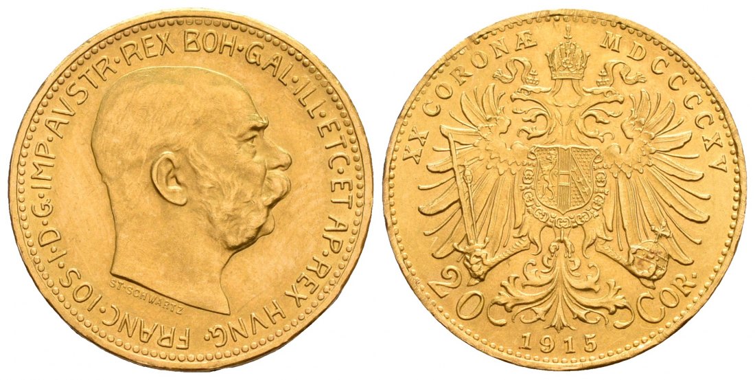 PEUS 5772 Österreich 6,1 g Feingold. Franz Joseph I. (1848 - 1916) 20 Kronen (off.NP) GOLD 1915 Stempelglanz