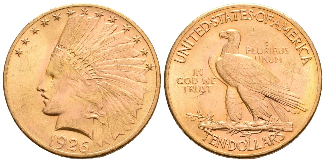 PEUS 5773 USA 15,05 Feingold. Indian Head 10 Dollars GOLD 1926 Kl. Kratzer, Vorzüglich