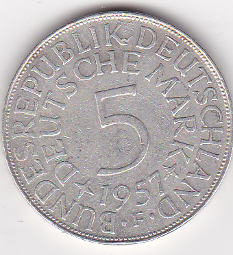 5 DM BRD-Kursmünze 1957 F, sehr schön +