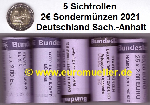 Deutschland 5 Rollen 2 Euro Gedenkmünze 2021...Sach.-Anhalt   