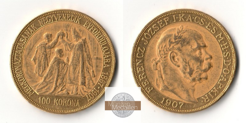 Ungarn  100 Kronen MM-Frankfurt   Feingold: 30,49g Franz Joseph I. 1907 