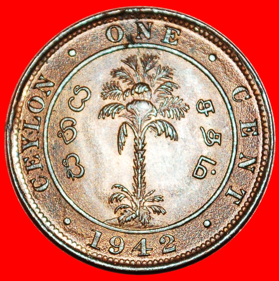  • PALM TREE (1942-1945): CEYLON ★ 1 CENT 1942 UNC MINT LUSTER! LOW START ★ NO RESERVE!   