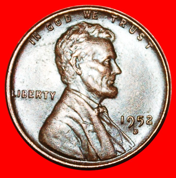  • WEIZEN PENNY (1909-1958): USA ★ 1 CENT 1952D! LINCOLN (1809-1865)! OHNE VORBEHALT!   