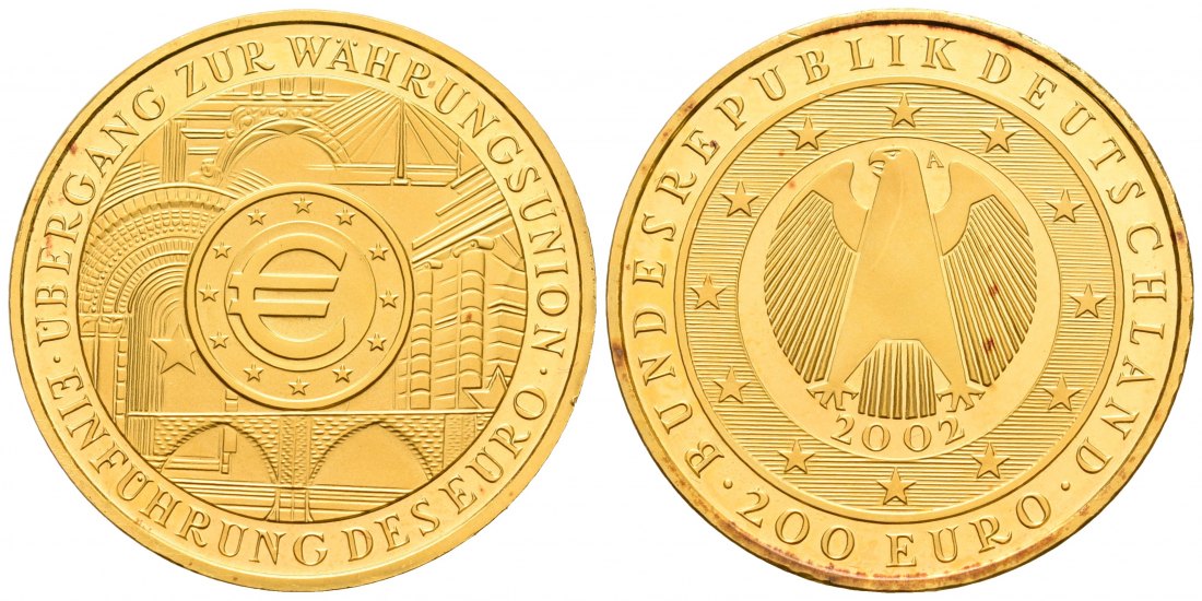 PEUS 5878 BRD 31,1 g Feingold. Währungsunion OHNE Etui und Zertifikat 200 Euro GOLD Unze 2002 A Kl. rote Flecken, Stempelglanz