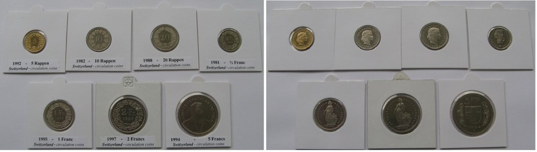  1981-1997, Schweiz, ein Satz 7 Stück Umlaufmünzen   