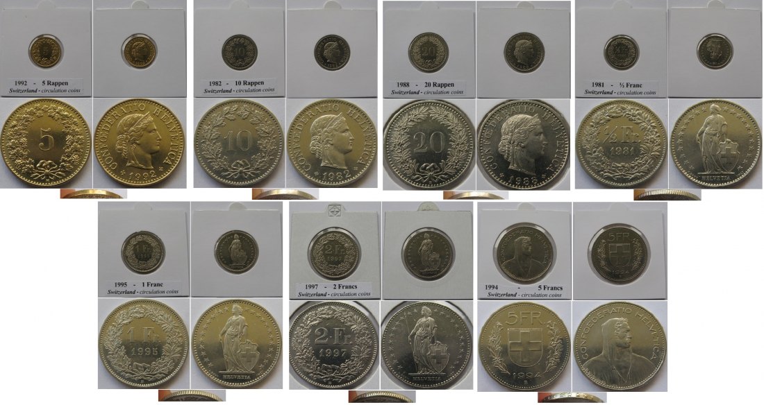  1981-1997, Switzerland, a set 7 pcs circulations coins   