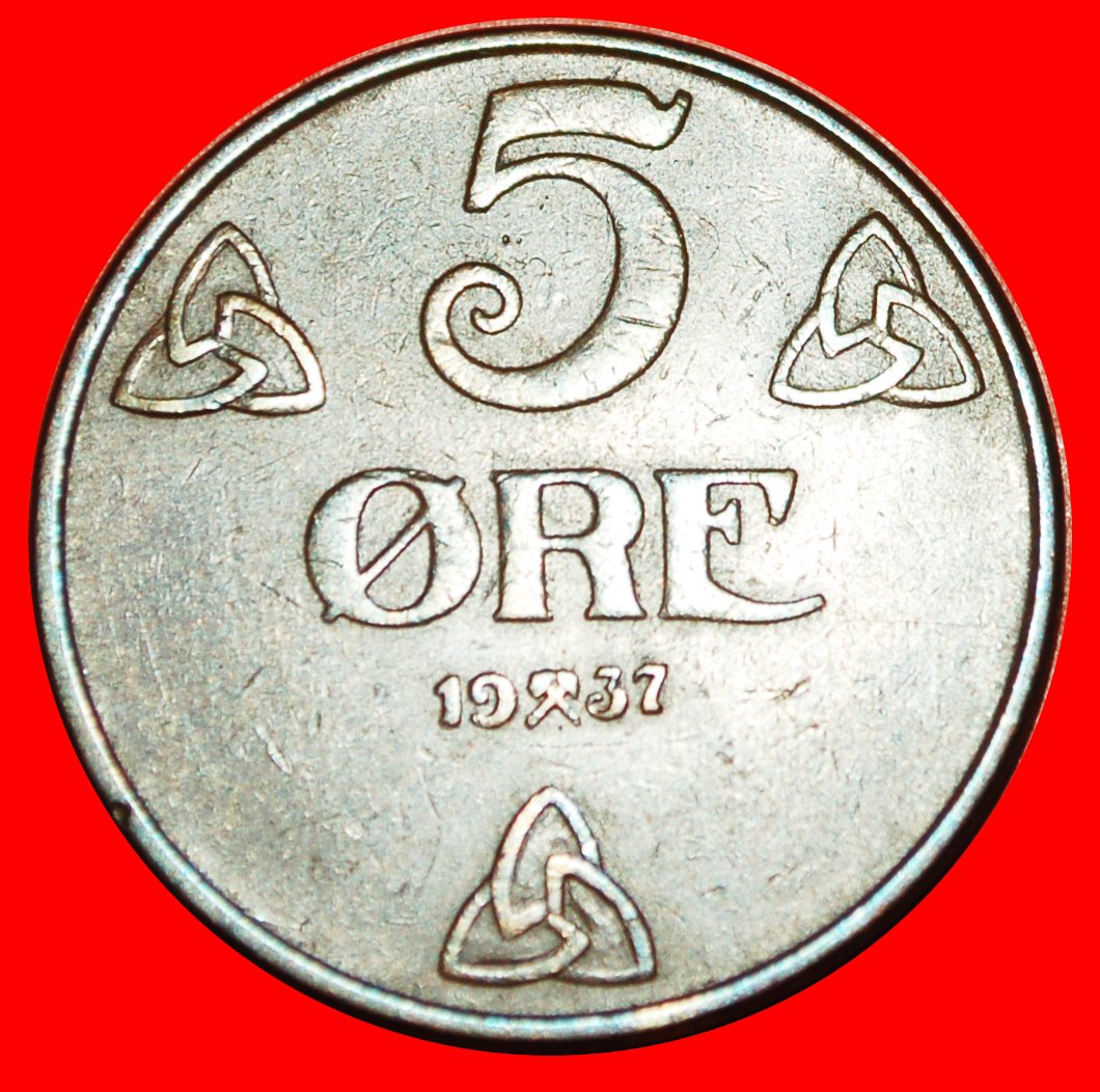  • 3 ROSES (1908-1952): NORWAY ★ 5 ORE 1937 Haakon VII (1905-1957)! LOW START★ NO RESERVE!!!   