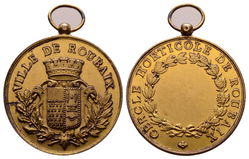  Linnartz Frankreich ROUBAIX, vergoldete Preismedaille o.J. (um 1900, Gartenbau ,30,62g, 42mm, vz   