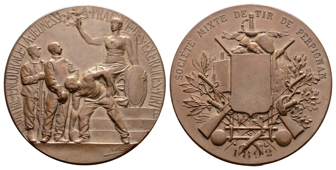  Linnartz Perpignan, Bronze Prämie, Schützenmed. 1892,(v. Rivet),60,48 Gr., 50 mm, Selten, Fast st   