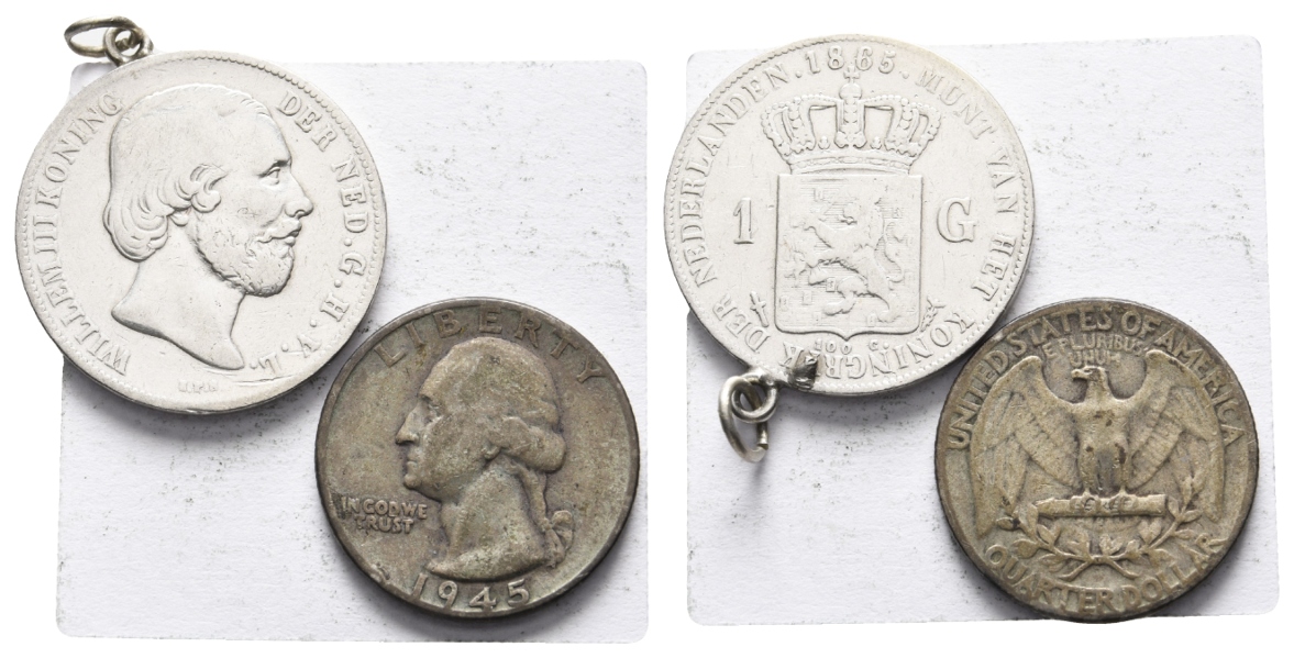  Ausland; 2 Kleinmünzen 1865/1945, 1 Gulden gehenkelt   