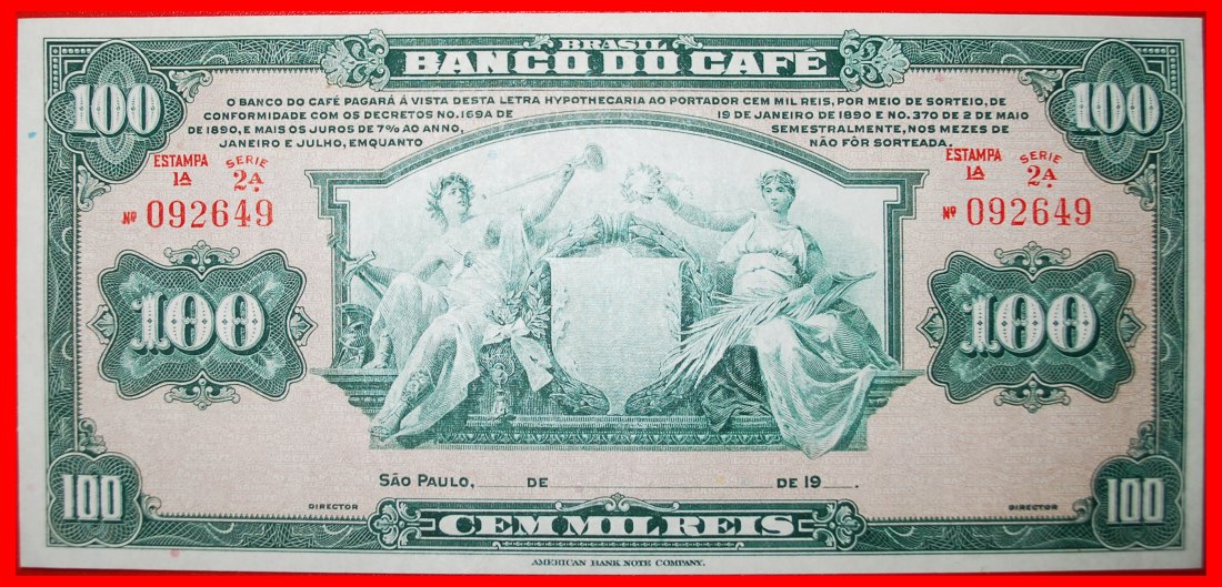  • USA: BRASILIEN ★ 100000 REIS 1890 KAFFEEBANK 2. SERIE! RARITÄT! OHNE VORBEHALT!   