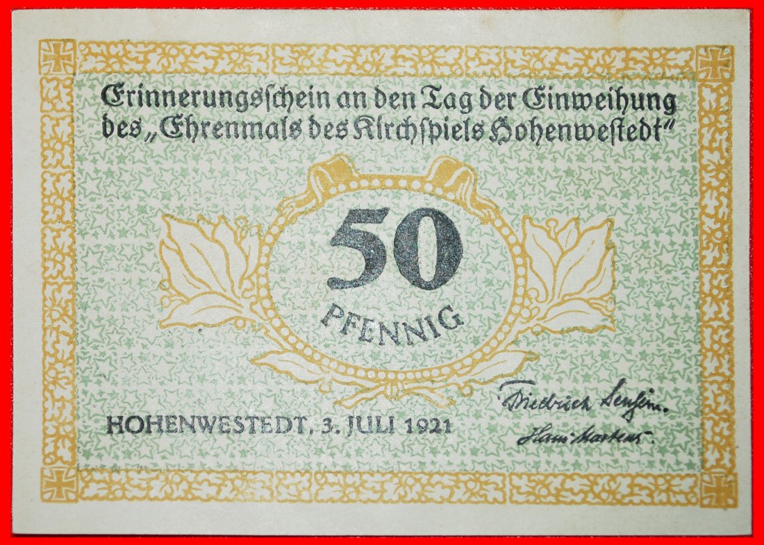  • HOHENWESTEDT: GERMANY ★ 50 PFENNIG 1921! UNC CRISP! LOW START ★ NO RESERVE!   