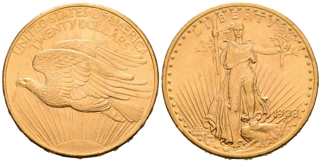 PEUS 5877 USA 30,1 g Feingold 20 Dollars GOLD 1908 Sehr schön