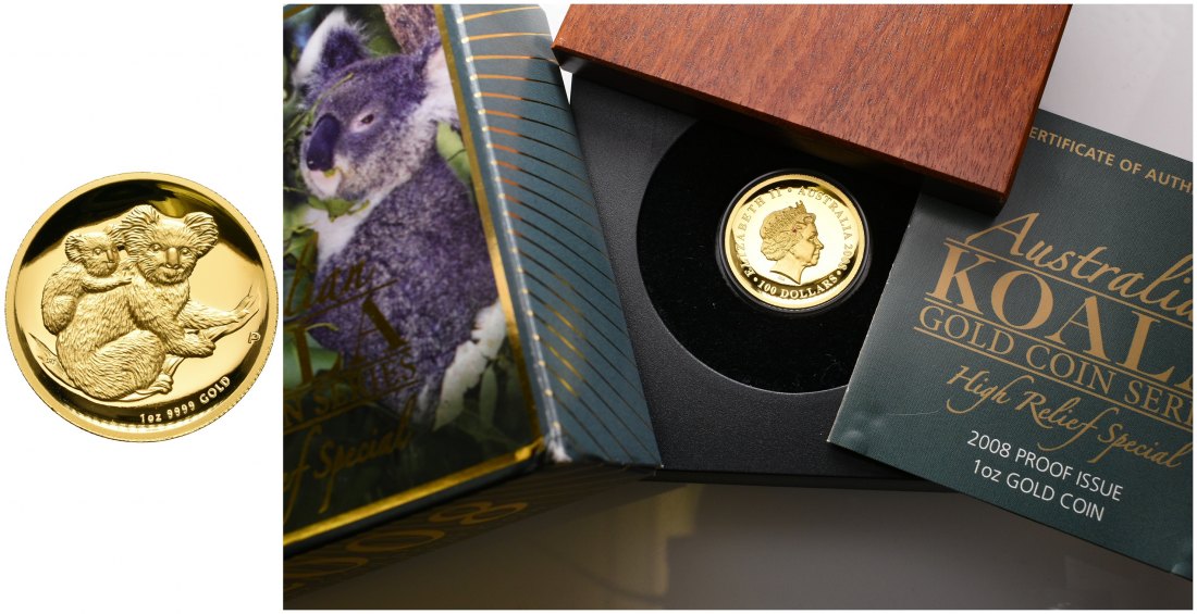PEUS 5886 Australien 31,1 g Feingold. Koala incl. Etui, Zertifikat & Verpackung 100 Dollars GOLD Unze 2008 Proof (Kapsel)