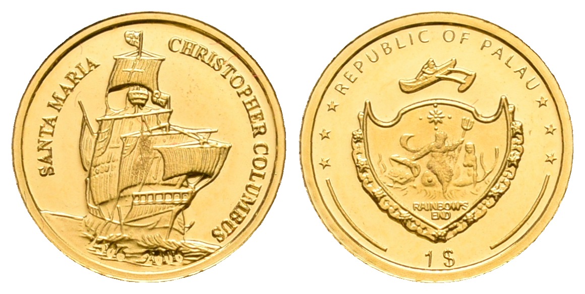 PEUS 5881 Palau 0,5 g Gold. Segelschiff Santa Maria Columbus 1 Dollar GOLD 2007 Proof