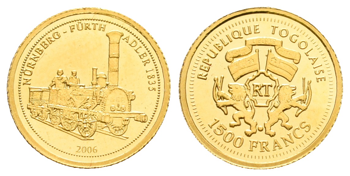 PEUS 5882 Togo 0,5 g Feingold. Dampflok Adler, Nürnberg Fürth 1500 Francs GOLD 2006 Proof (berührt)