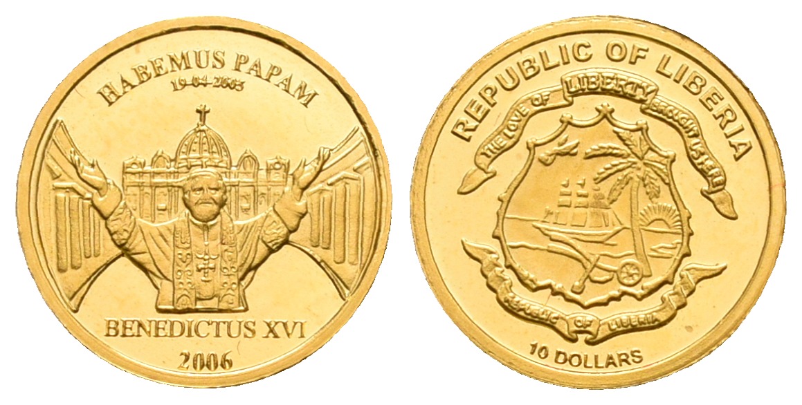 PEUS 5883 Liberia 0,5 g rau. Papst Benedikt 10 Dollars GOLD 2006 Proof